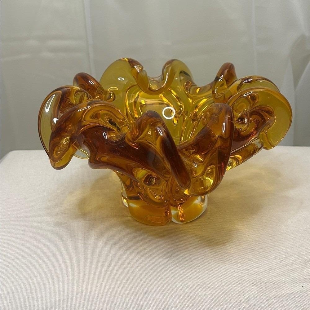 Murano Sommerso Amber Freeform Art Glass Bowl – Vintage Hand-Blown Italy